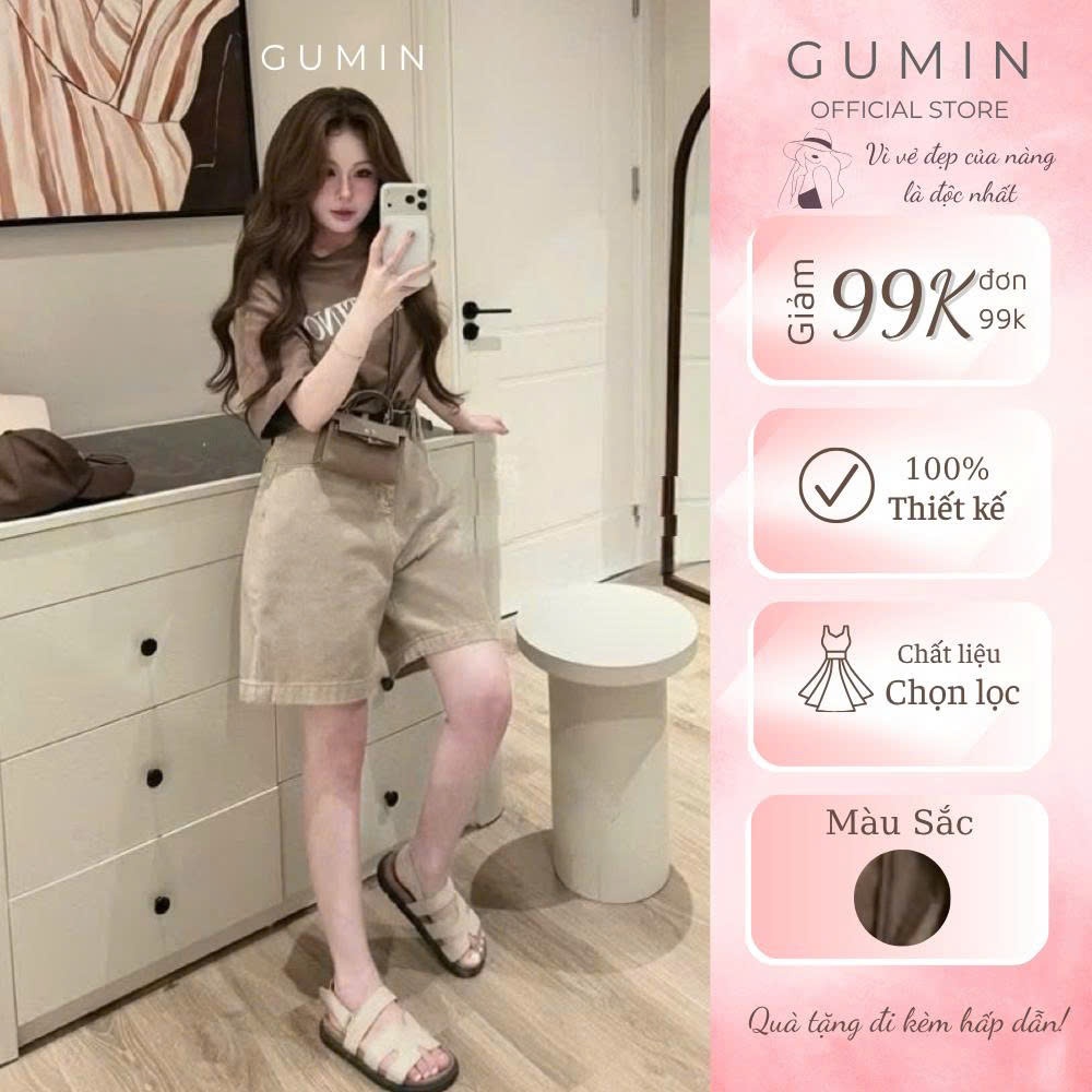 Quần jean be ngố GUMIN thiết kế quần form rộng phong cách basic tiểu thư, Quần ngố bò nữ sang chảnh