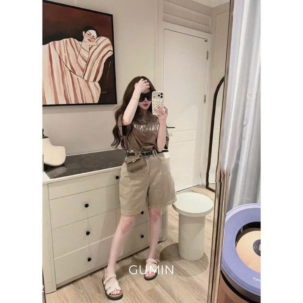 Quần jean be ngố GUMIN thiết kế quần form rộng phong cách basic tiểu thư, Quần ngố bò nữ sang chảnh