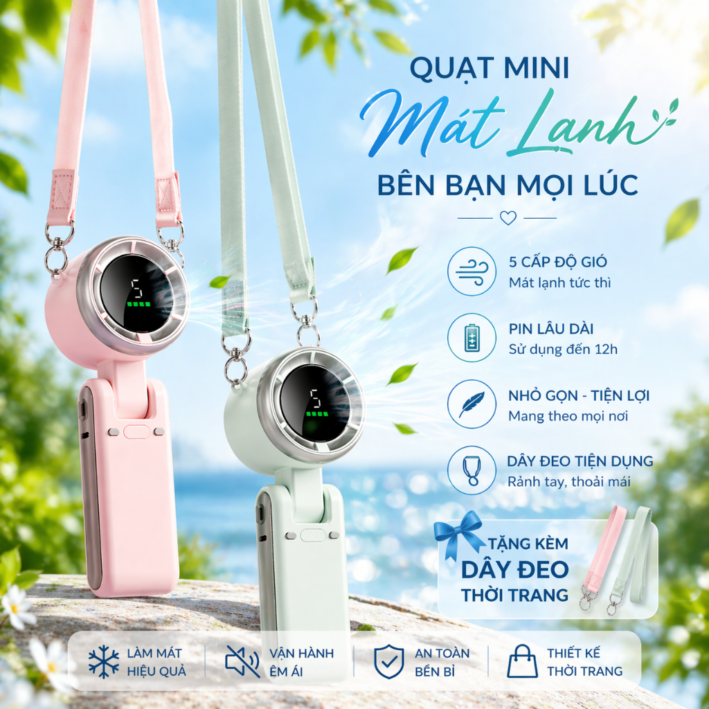 Quạt Mini Cầm Tay Tích Điện 1800mAh Gió Mạnh 5 Cấp Độ Gấp Gọn 180° Để Bàn S-17 Turbo
