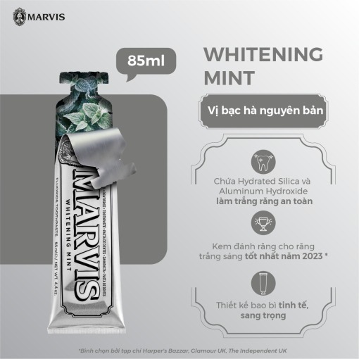 (Marvis chính hãng) Kem Đánh Răng MARVIS WHITENING MINT 85ml (Hương bạc hà) – Hơi thở thơm mát sạch miệng, ngừa mảng bám