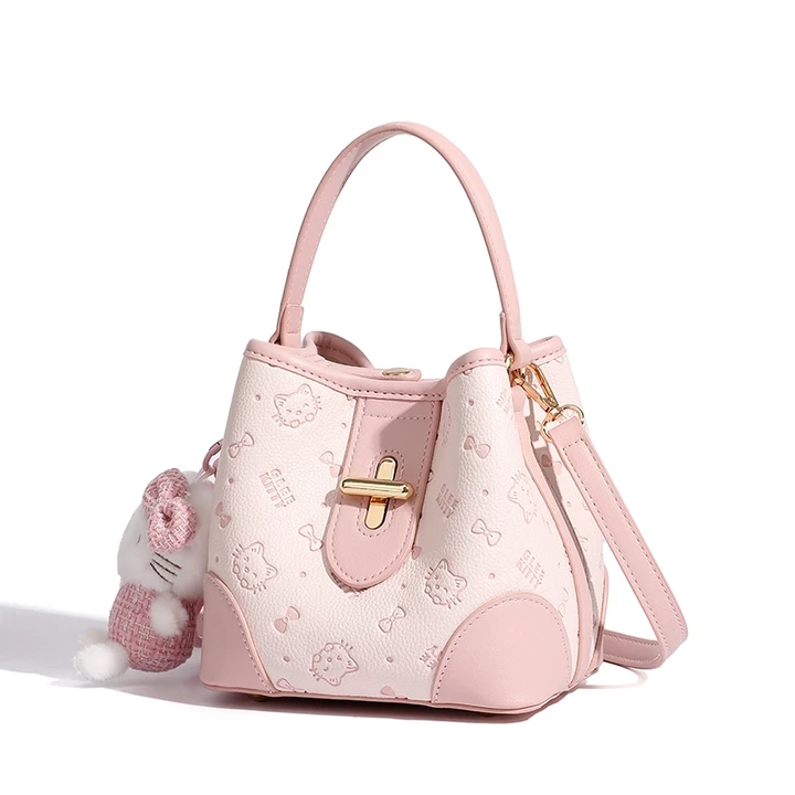 Túi nữ GLEE KITTY Túi bucket dập nổi Túi đeo vai cầm tay màu hồng kèm móc treo