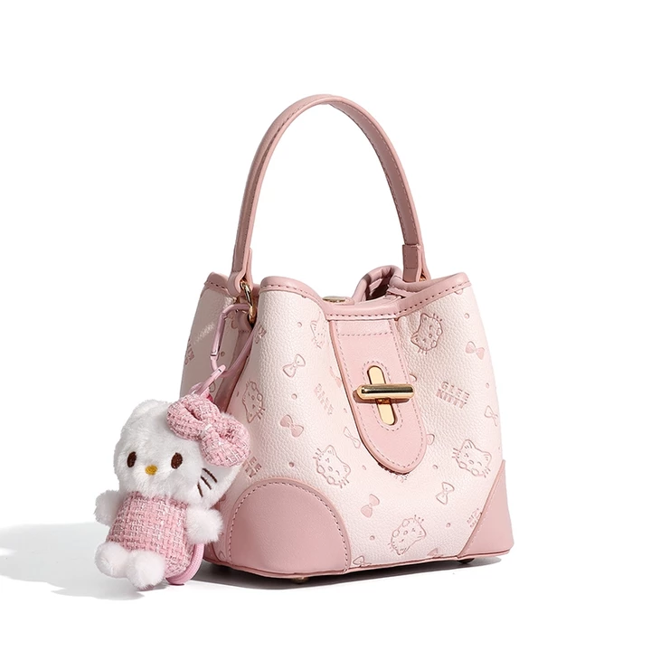 Túi nữ GLEE KITTY Túi bucket dập nổi Túi đeo vai cầm tay màu hồng kèm móc treo