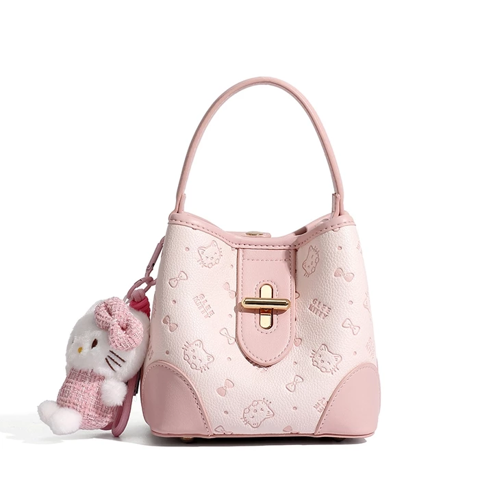 Túi nữ GLEE KITTY Túi bucket dập nổi Túi đeo vai cầm tay màu hồng kèm móc treo