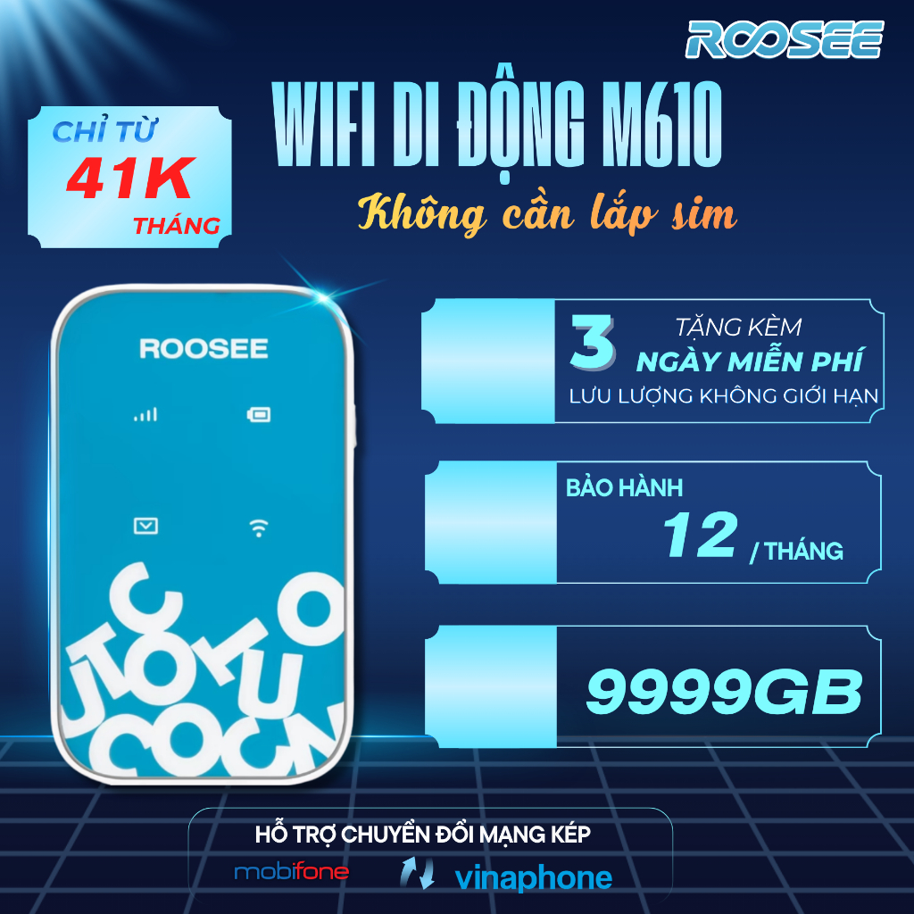 WiFi Di Động ROOSEE M610 - Phát 4G Không SIM, Chế Độ 2 Mạng mobifone /Vinaphone