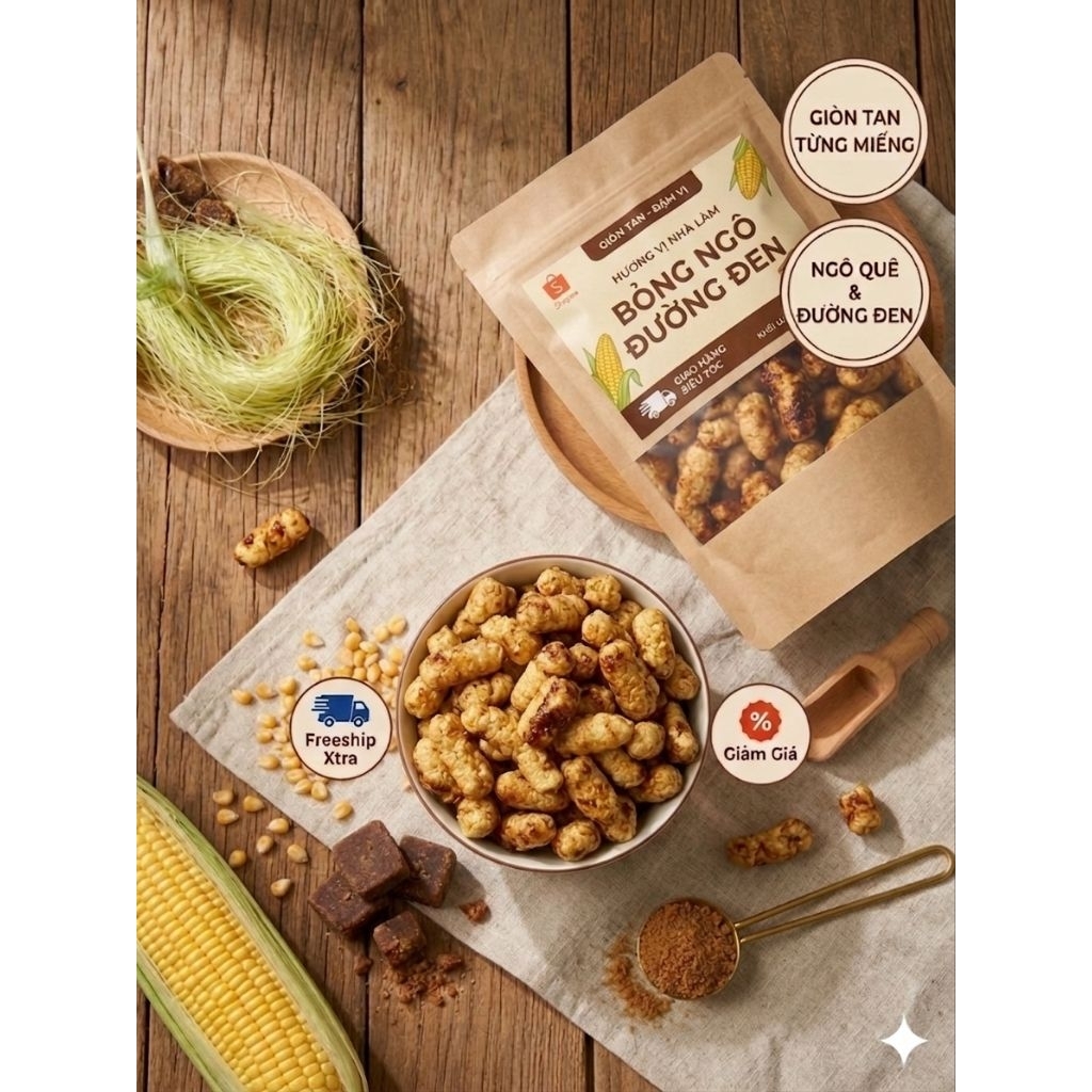 Bỏng Ngô Đường Đen 100g - Snack Bắp Nổ Ngô Quê Giòn Tan, Đậm Vị, Hương Vị Nhà Làm Truyền Thống