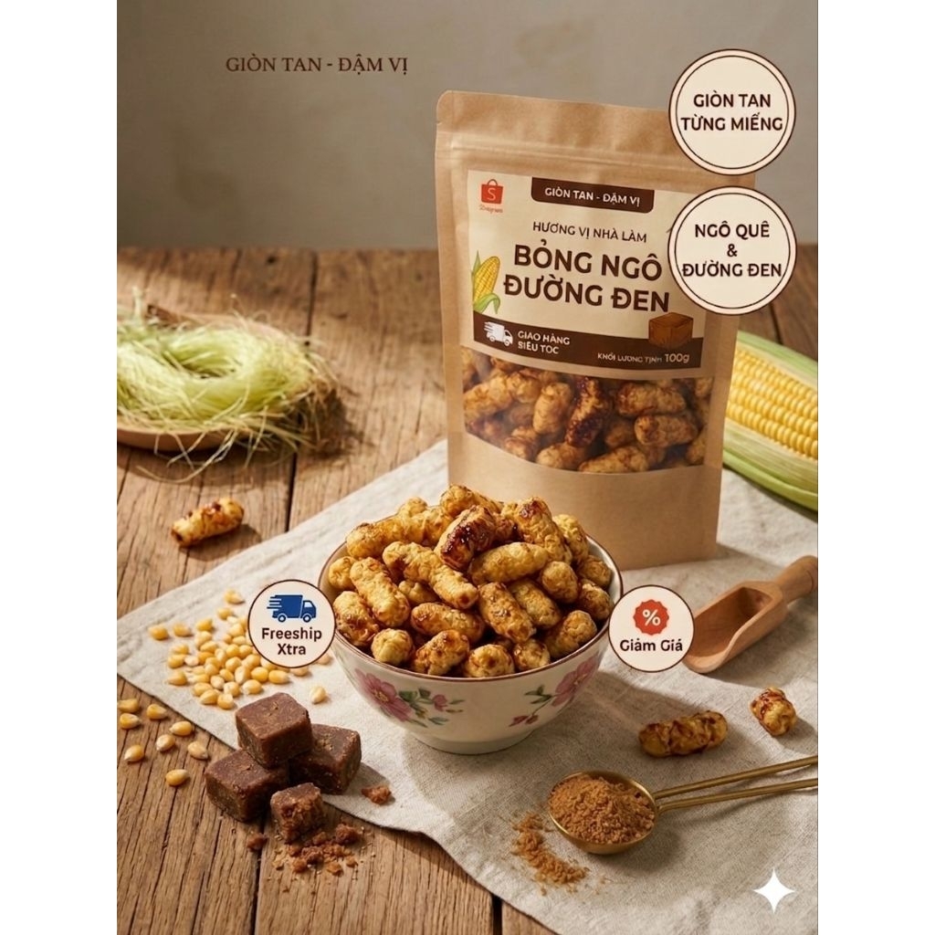 Bỏng Ngô Đường Đen 100g - Snack Bắp Nổ Ngô Quê Giòn Tan, Đậm Vị, Hương Vị Nhà Làm Truyền Thống