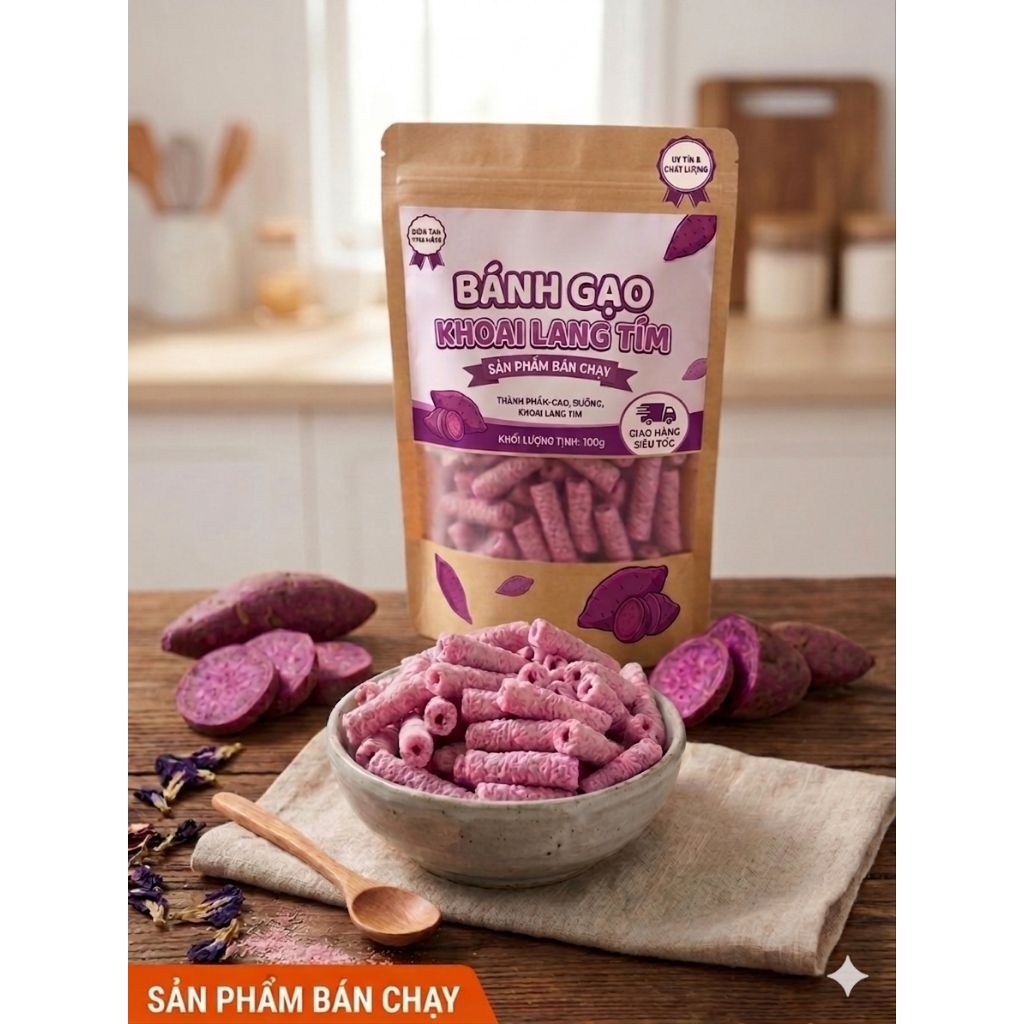 Snack Bánh Gạo Khoai Lang Tím Ăn Kiêng (100g) - Bánh Healthy Ít Đường, Giòn Rụm, Không Chất Bảo Quản