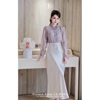 Set Váy Diện Đi Làm, Đi Chơi Sang Chảnh LA ROSA Áo Sơ Mi Tơ Cao Cấp Phối Cổ Nơ Đính Hoa Mix Chân Váy Lụa Dáng Dài S1086