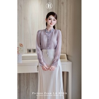 Set Váy Diện Đi Làm, Đi Chơi Sang Chảnh LA ROSA Áo Sơ Mi Tơ Cao Cấp Phối Cổ Nơ Đính Hoa Mix Chân Váy Lụa Dáng Dài S1086
