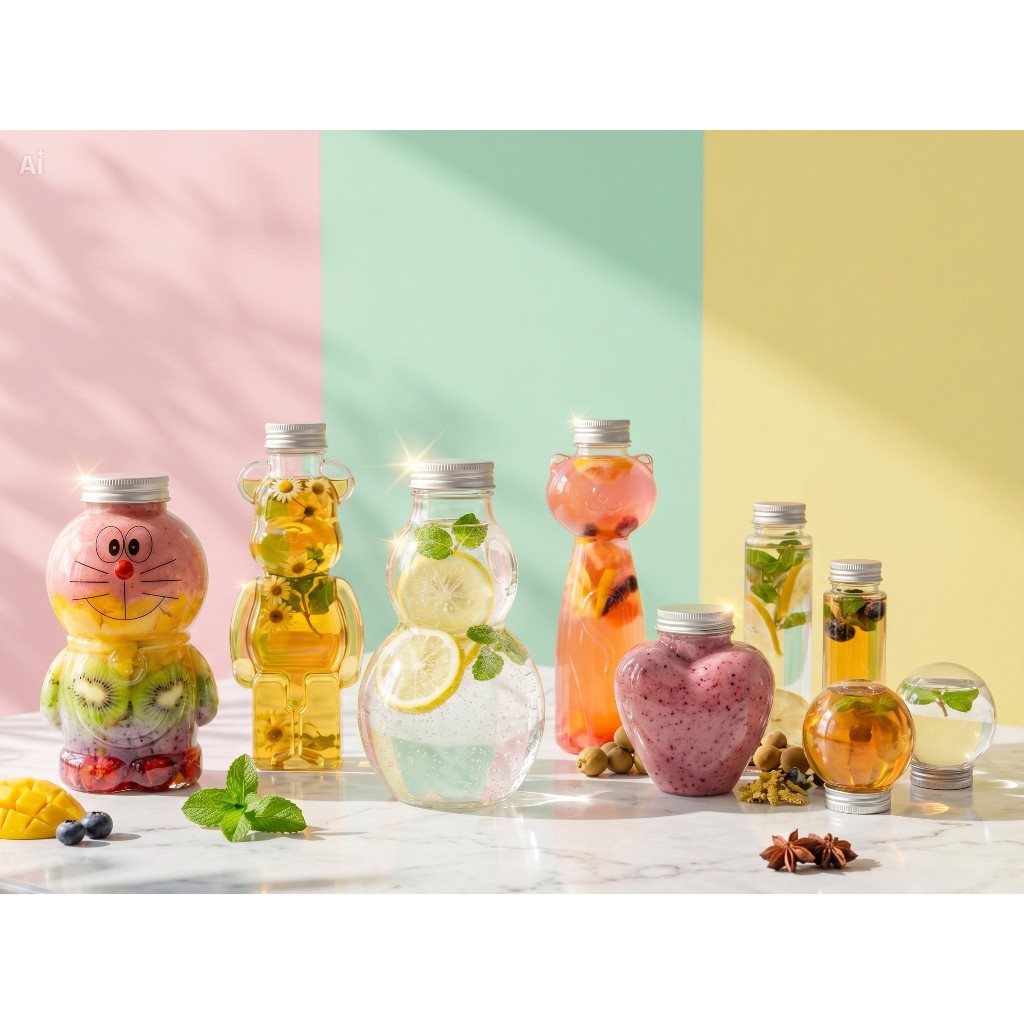 Combo 25 Chai Nhựa Hình Thú 300ml-500ml – Chai Đựng Trà Sữa, Nước Ép, Detox, Đồ Uống Take Away Kèm Nắp