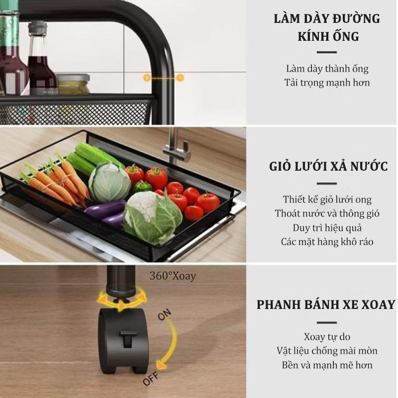 Kệ nhà bếp Kệ lưu trữ sàn nhà gia dụng Giỏ nhiều tầng Xe đẩy rau quả đa năng3-4-5 tầng
