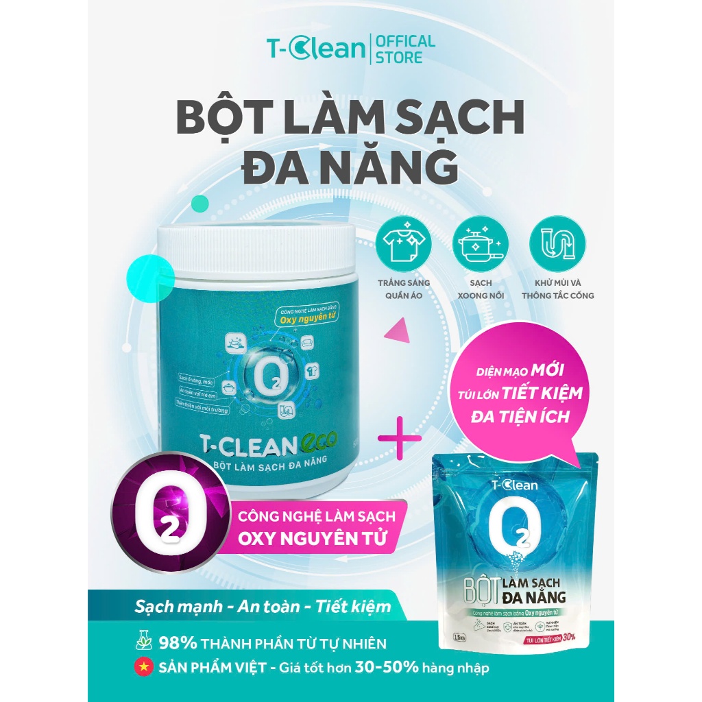 Bột làm sạch đa năng T-Clean 500g, tẩy ố vàng, mốc, bẩn trên nhiều bề mặt: đá, gỗ, da..