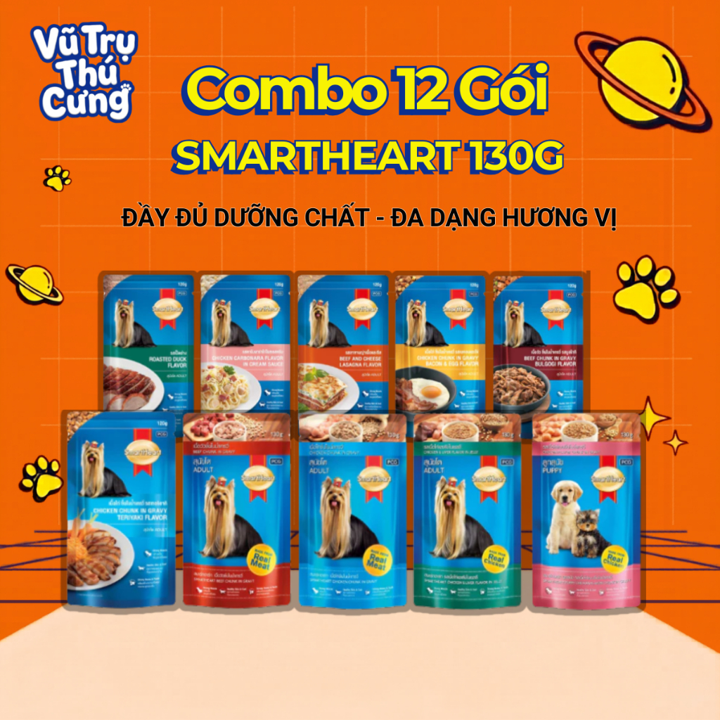 Combo 12 gói Pate Smartheart cho Chó trưởng thành, Chó con 130g