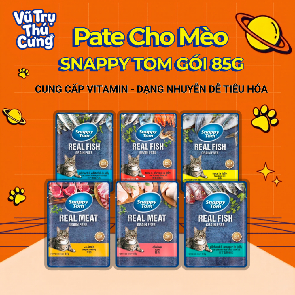 Pate Snappy Tom cho Mèo gói 85g, thành phần thịt thật, không ngũ cốc