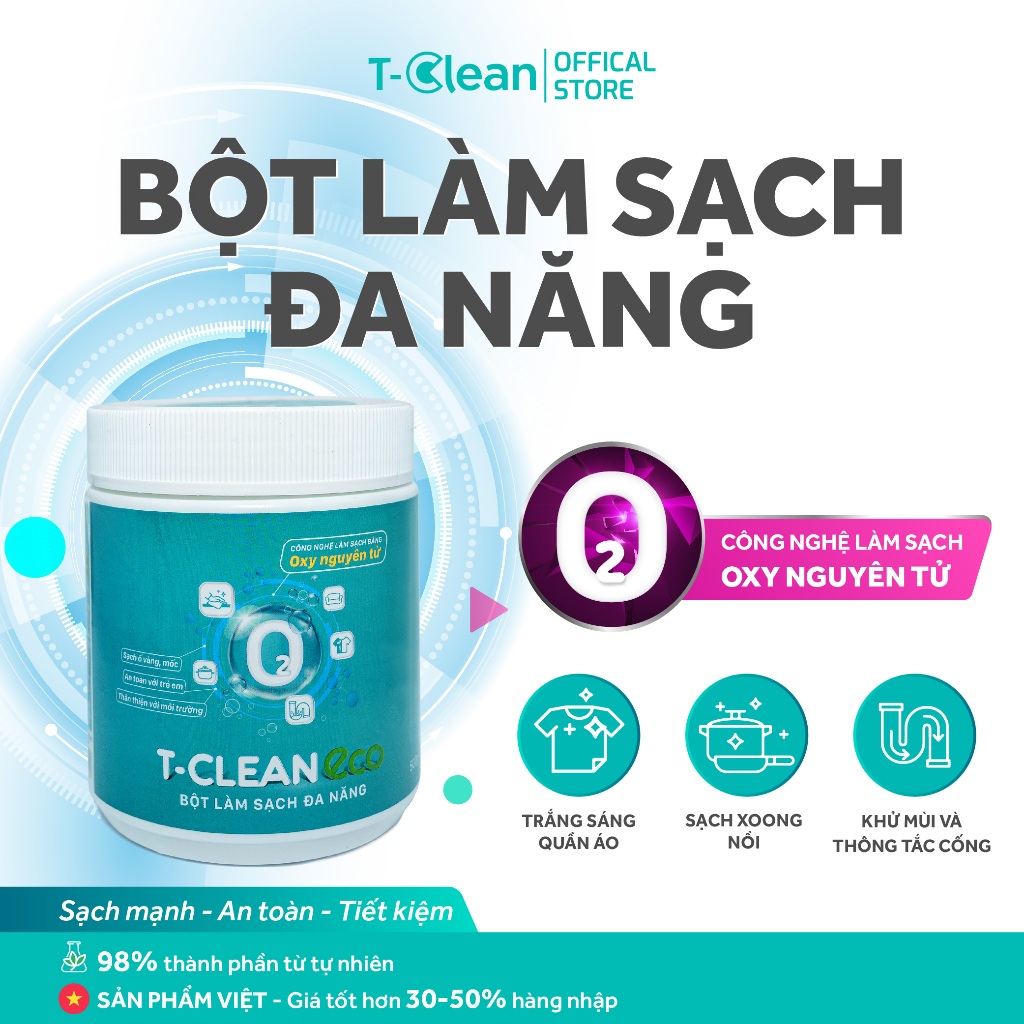 Bột làm sạch đa năng T-Clean 500g, tẩy ố vàng, mốc, bẩn trên nhiều bề mặt: đá, gỗ, da..