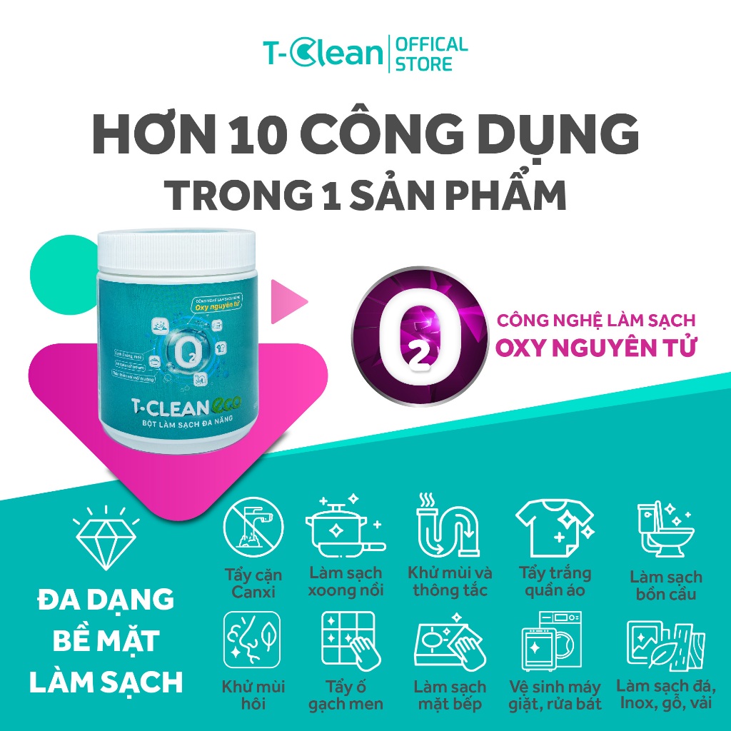 Bột làm sạch đa năng T-Clean 500g, tẩy ố vàng, mốc, bẩn trên nhiều bề mặt: đá, gỗ, da..