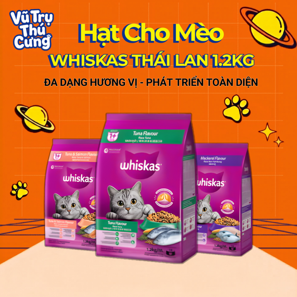 Hạt Whiskas dành cho mèo trưởng thành đủ 3 vị, bịch 1.2Kg