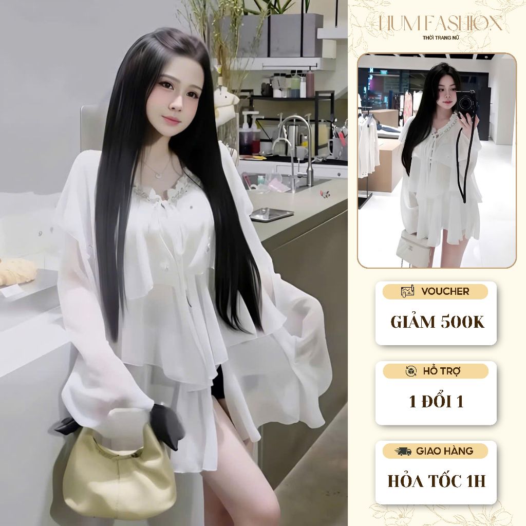 Áo kiểu voan trắng tay loe, áo babydoll nữ tay dài nhẹ nhàng tiểu thư ...