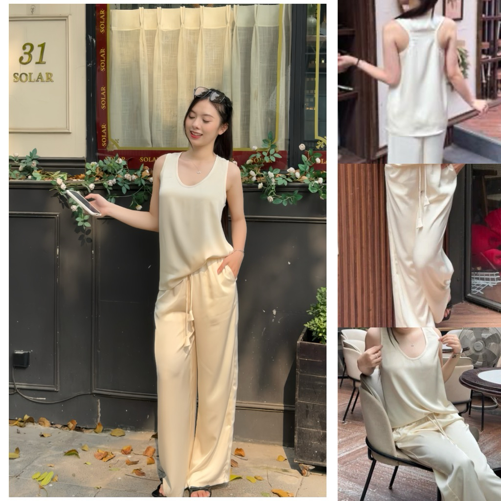 Set Bộ Lụa Tô Châu Cao Cấp Áo Tank Quần Suông Thanh Lị