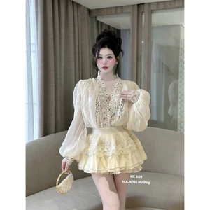 Set áo bồng phối ren chân váy xoè tầng