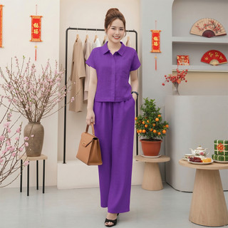 Bộ nữ Sơ Mi Thư, Set bộ nữ áo tay ngắn phối viền cùng quần ống suông lưng thun chất liệu đũi tơ xước cao cấp