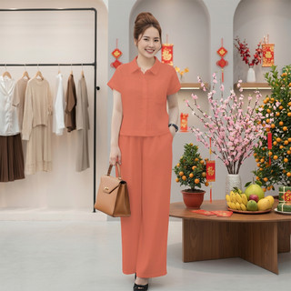 Bộ nữ Sơ Mi Thư, Set bộ nữ áo tay ngắn phối viền cùng quần ống suông lưng thun chất liệu đũi tơ xước cao cấp