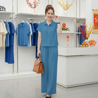 Bộ nữ Sơ Mi Thư, Set bộ nữ áo tay ngắn phối viền cùng quần ống suông lưng thun chất liệu đũi tơ xước cao cấp