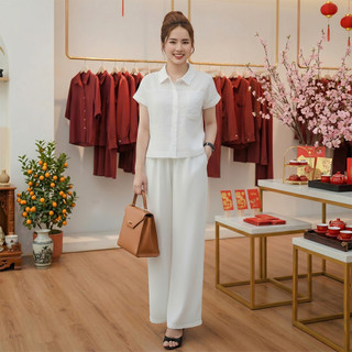 Bộ nữ Sơ Mi Thư, Set bộ nữ áo tay ngắn phối viền cùng quần ống suông lưng thun chất liệu đũi tơ xước cao cấp