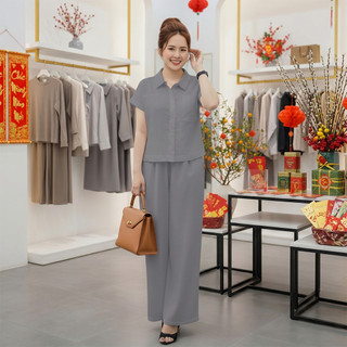 Bộ nữ Sơ Mi Thư, Set bộ nữ áo tay ngắn phối viền cùng quần ống suông lưng thun chất liệu đũi tơ xước cao cấp
