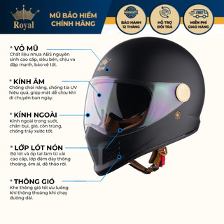 Mũ Bảo Hiểm Full Face Royal M186 2 Kính Che Mặt Classic, Nam Nữ Đi Phượt, Moto, BH 12 Tháng