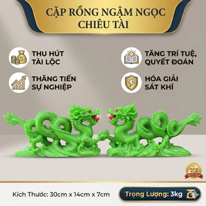 Cặp Tượng Rồng Ngậm Ngọc Xanh Ngọc Bích - Đồ Phong Thủy May Mắn, Thành Công - Trang Trí Văn Phòng, Bàn Làm Việc (30x14cm