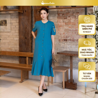 SWANLAKE | Váy Đầm Nữ Suông Đuôi Cá Vải Linen Cổ Tròn Cài Nút Tay Ngắn Thêu Hoa Công Sở D13569