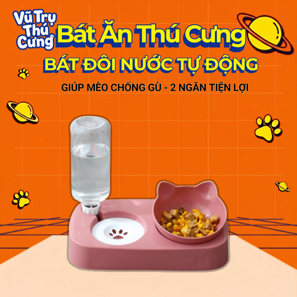 Bát Ăn Đôi Cho Thú Cưng Có Bình Nước Tự Động, Chống Gù Lưng