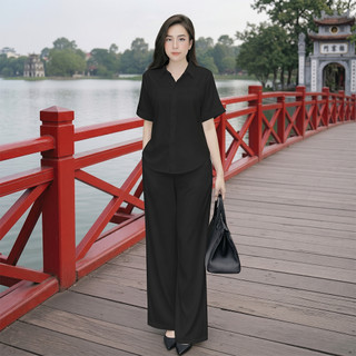 Bộ nữ Sơ Mi SM03 [45-85kg], Set Bộ Nữ áo sơ mi tay ngắn cùng quần ống suông lưng thun phía sau chất liệu đũi tơ xước