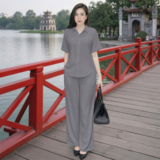 Bộ nữ Sơ Mi SM03 [45-85kg], Set Bộ Nữ áo sơ mi tay ngắn cùng quần ống suông lưng thun phía sau chất liệu đũi tơ xước