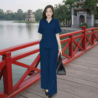 Bộ nữ Sơ Mi SM03 [45-85kg], Set Bộ Nữ áo sơ mi tay ngắn cùng quần ống suông lưng thun phía sau chất liệu đũi tơ xước