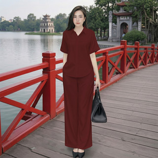 Bộ nữ Sơ Mi SM03 [45-85kg], Set Bộ Nữ áo sơ mi tay ngắn cùng quần ống suông lưng thun phía sau chất liệu đũi tơ xước