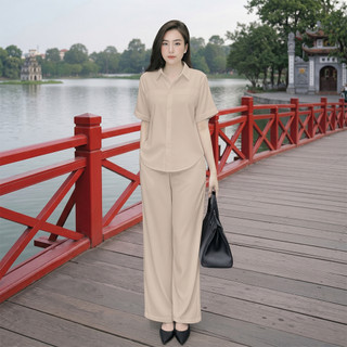 Bộ nữ Sơ Mi SM03 [45-85kg], Set Bộ Nữ áo sơ mi tay ngắn cùng quần ống suông lưng thun phía sau chất liệu đũi tơ xước