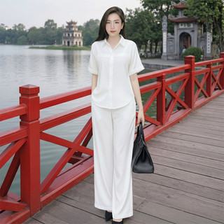 Bộ nữ Sơ Mi SM03 [45-85kg], Set Bộ Nữ áo sơ mi tay ngắn cùng quần ống suông lưng thun phía sau chất liệu đũi tơ xước