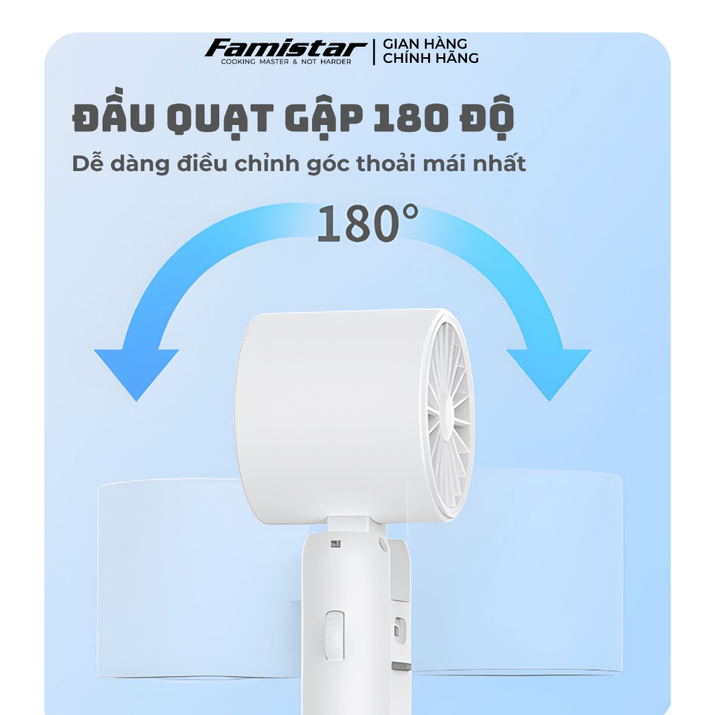 Quạt cầm tay mini đầu gập có kẹp 4 cấp độ gió 3600mAh FAMISTAR, quạt cầm tay màn hình LED F02