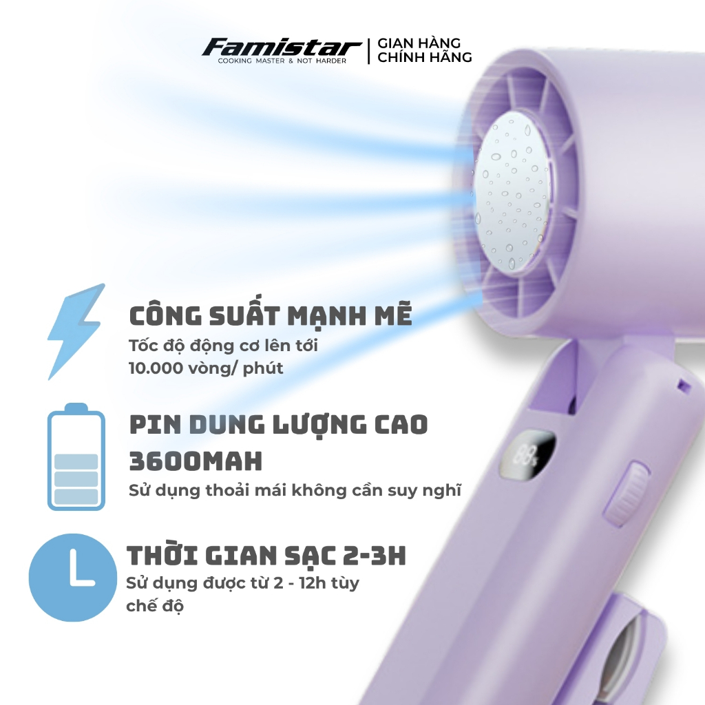 Quạt cầm tay mini đầu gập có kẹp 4 cấp độ gió 3600mAh FAMISTAR, quạt cầm tay màn hình LED F02