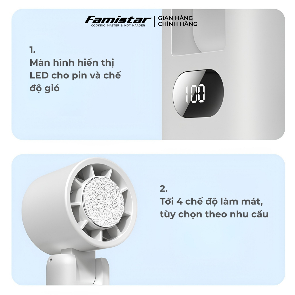 Quạt cầm tay mini đầu gập có kẹp 4 cấp độ gió 3600mAh FAMISTAR, quạt cầm tay màn hình LED F02