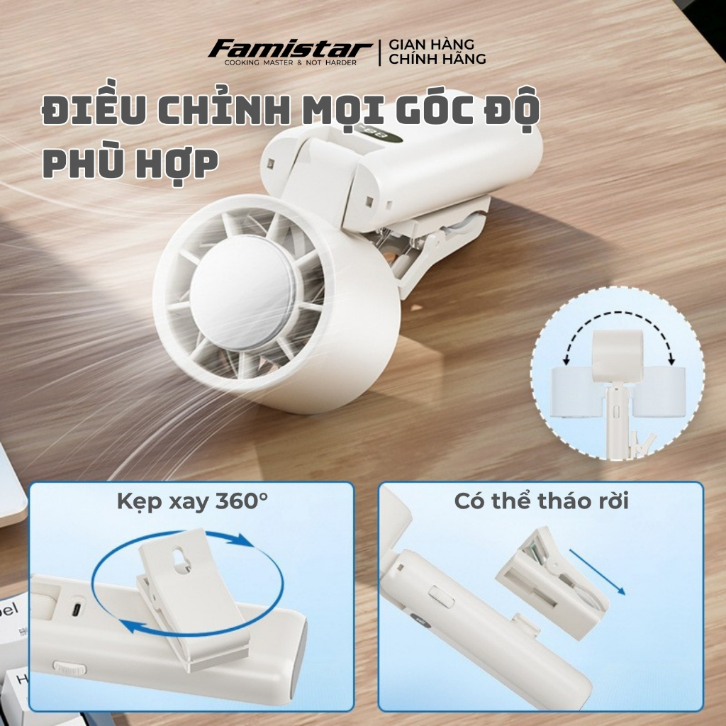 Quạt cầm tay mini đầu gập có kẹp 4 cấp độ gió 3600mAh FAMISTAR, quạt cầm tay màn hình LED F02