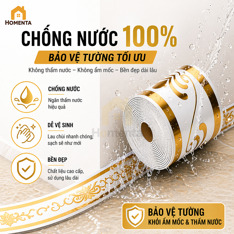 Miếng Dán Chân Tường Cuộn 5m Phào Nẹp Xốp PVC Chống Nước, Chống Dầu Mỡ, Dễ Lau Chùi, Keo Tự Dính Chắc, KT 10cm