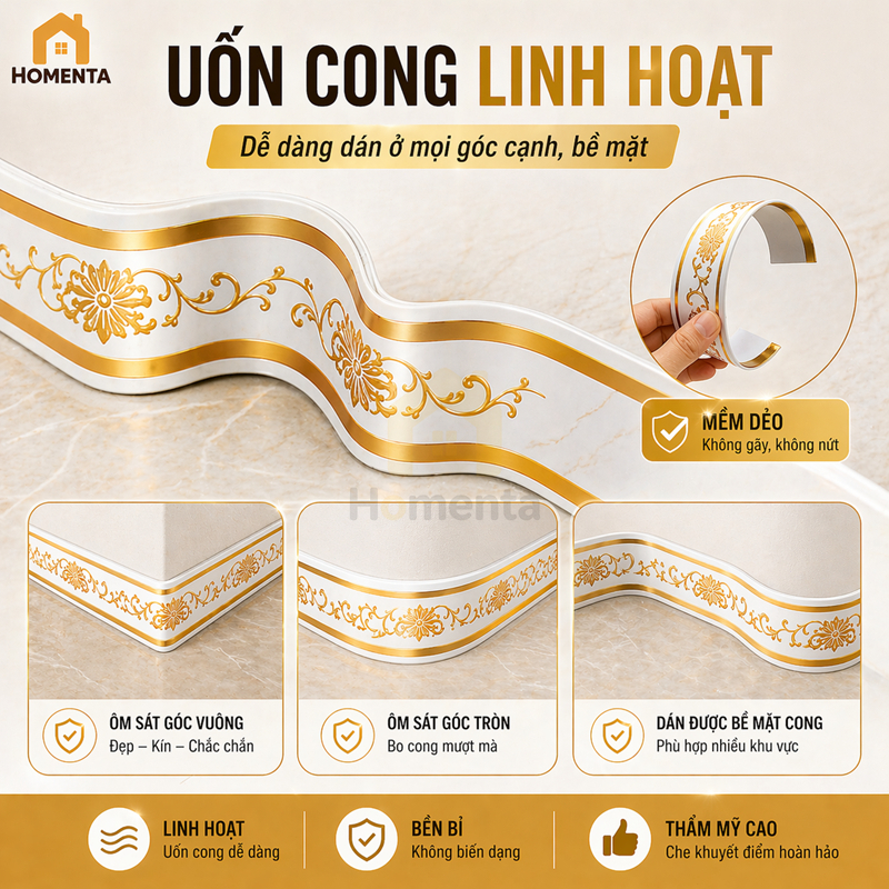 Miếng Dán Chân Tường Cuộn 5m Phào Nẹp Xốp PVC Chống Nước, Chống Dầu Mỡ, Dễ Lau Chùi, Keo Tự Dính Chắc, KT 10cm