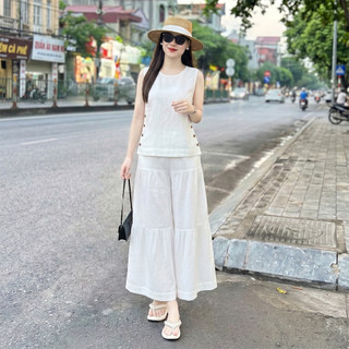 Bộ nữ Sát Nách SN01 [45-85kg], Bộ Nữ áo sát nách cùng quần giả váy ống rộng lưng thun, chất liệu đũi tơ xước cao cấp