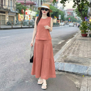 Bộ nữ Sát Nách SN01 [45-85kg], Bộ Nữ áo sát nách cùng quần giả váy ống rộng lưng thun, chất liệu đũi tơ xước cao cấp