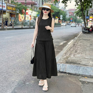 Bộ nữ Sát Nách SN01 [45-85kg], Bộ Nữ áo sát nách cùng quần giả váy ống rộng lưng thun, chất liệu đũi tơ xước cao cấp