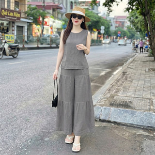 Bộ nữ Sát Nách SN01 [45-85kg], Bộ Nữ áo sát nách cùng quần giả váy ống rộng lưng thun, chất liệu đũi tơ xước cao cấp