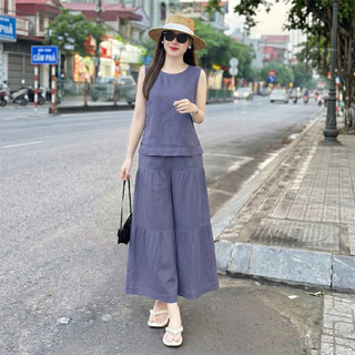 Bộ nữ Sát Nách SN01 [45-85kg], Bộ Nữ áo sát nách cùng quần giả váy ống rộng lưng thun, chất liệu đũi tơ xước cao cấp
